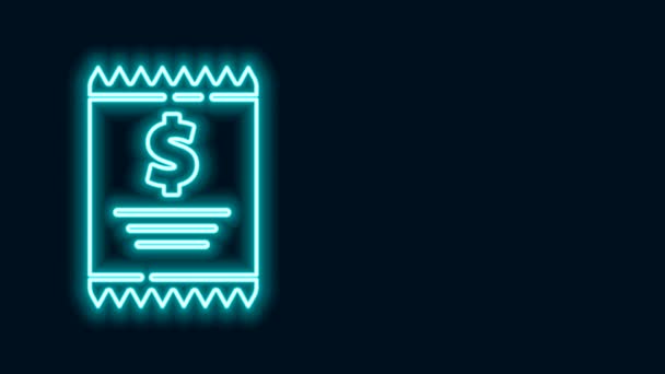 Žhnoucí neonová čára Kontrola papíru a finanční kontrola ikona izolované na černém pozadí. Papírový šek, stvrzenka z obchodu nebo účet. Grafická animace pohybu videa 4K - Záběry, video