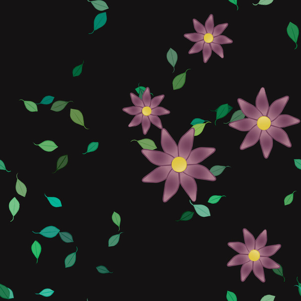 beautiful composition with simple colored flowers and green leaves at monochrome background, vector illustration - Vector, Image