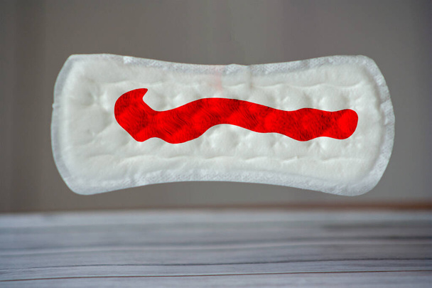 Un panty liner con sangre. Menstruación femenina. Protección adecuada con almohadillas absorbentes. Problemas del sistema reproductivo. - Foto, imagen