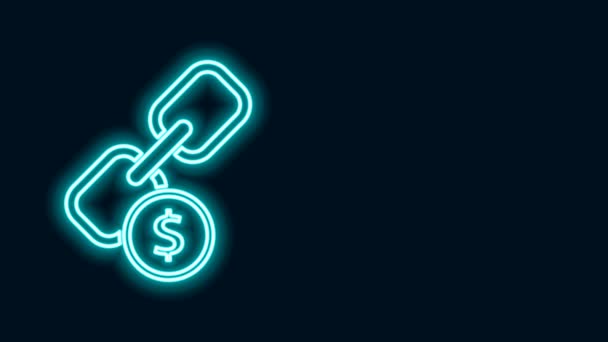 Linea al neon incandescente Collegamento a catena e icona della moneta isolata su sfondo nero. Collegamento singolo. Simbolo della catena ipertestuale. Animazione grafica 4K Video motion - Filmati, video