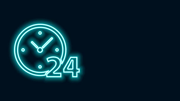 Glowing neon line Clock 24 hours icon isolated on black background. All day cyclic icon. 24 hours service symbol. 4K Video motion graphic animation - Footage, Video