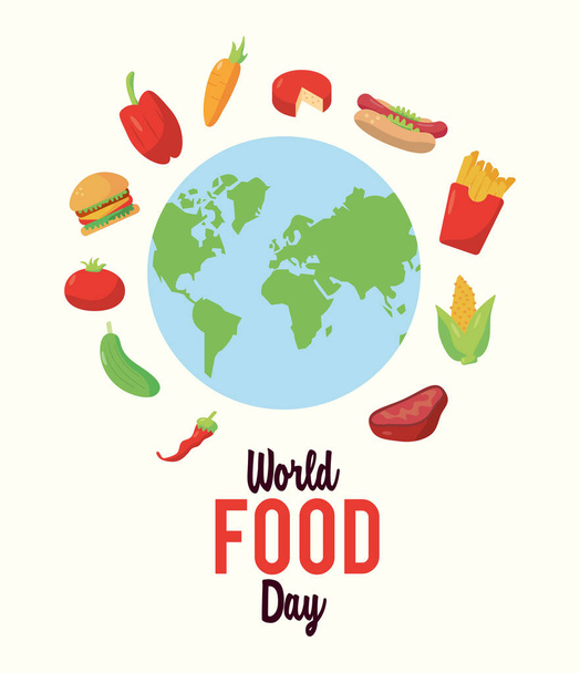 Всемирный день продовольствия с надписью плакат с едой по всей планете Земля - Вектор,изображение