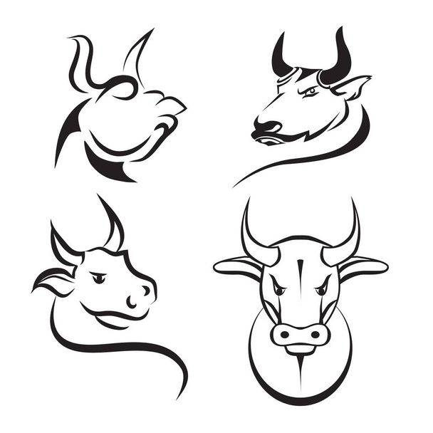 Een stel stieren. Zwart-wit gevoerde tekeningen. Eenvoudige beelden van stieren - symbool van 2021. Vectorpictogrammen - Vector, afbeelding