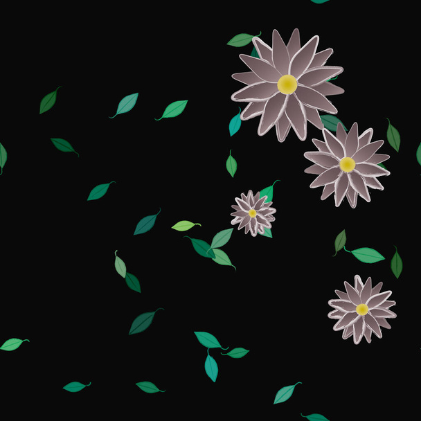όμορφη σύνθεση με απλά χρωματιστά λουλούδια και πράσινα φύλλα σε μονόχρωμο φόντο, διανυσματική απεικόνιση - Διάνυσμα, εικόνα