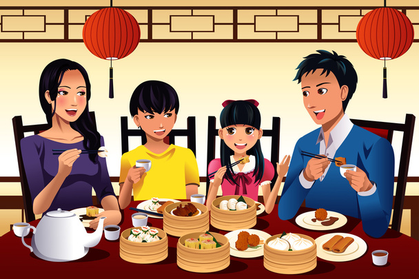 Chinese family eating dim sum - Vector, Image