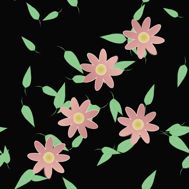 beautiful composition with simple colored flowers and green leaves at monochrome background, vector illustration - Vettoriali, immagini