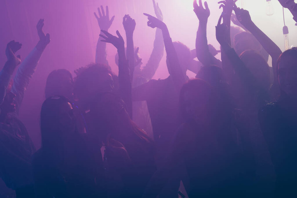 Photo of big loud group people rise hands enjoy event wear stylish trendy outfit modern club indoors - Φωτογραφία, εικόνα