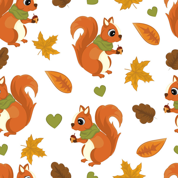 Autumn seamless pattern with squirrel. Watercolor hand drawing illustration. - Vector, Image