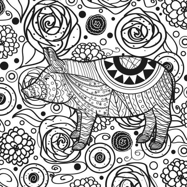 Abstrakti tausta kuviollinen sika. Käsin piirretyt koristeet. Musta ja valkoinen kuva - Vektori, kuva