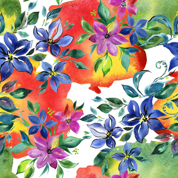 Akwarela niebieski dziki kwiat druk Płynny wzór - Zdjęcie, obraz