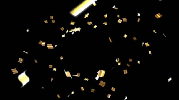 Confettis volants dorés isolés sur fond noir. Animation 3D en résolution 4k (3840 x 2160 px).  - Séquence, vidéo