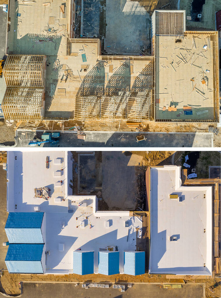 İnşaat halindeki ve hazır olan ticari bir çatının havadan görüntülenmesinden önce - Fotoğraf, Görsel