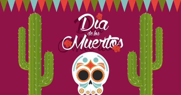 Плакат "dia de los muertos" с черепом и кактусом - Вектор,изображение