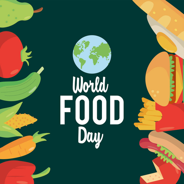 world food day lettering poster with food frame and earth planet - Vektör, Görsel