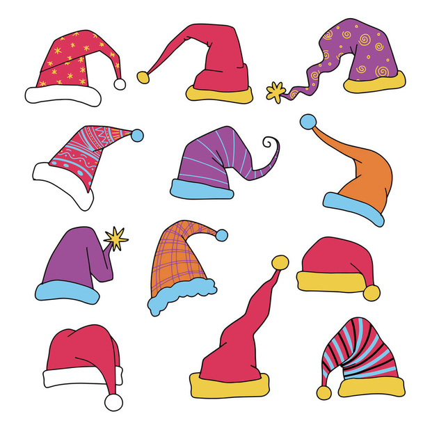 Grande conjunto de chapéus de Papai Noel modernos isolados no fundo. Coleção de chapéu de vetor santa claus, boné de férias para ilustração xmas - Vetor, Imagem