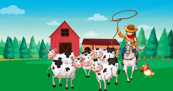 Αγροτική σκηνή με ζώων αγρόκτημα εικονογράφηση στυλ κινουμένων σχεδίων - Διάνυσμα, εικόνα