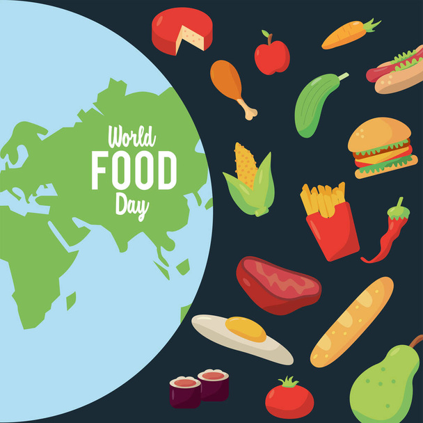 Плакат о всемирном дне продовольствия с земной планетой и пищевым узором - Вектор,изображение
