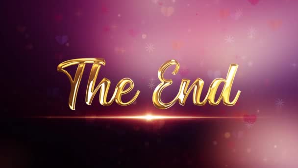 Koncový zlatý text s krásnými světélkujícími světélky a efektem vloček srdečních hvězd. 4K 3D rendering seamless loop Video cover The End for your title trailer for ending movies. - Záběry, video