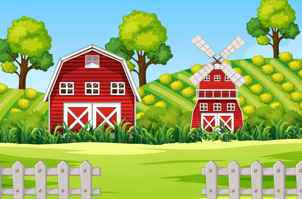 Scène de ferme dans la nature avec illustration de grange et moulin à vent - Vecteur, image