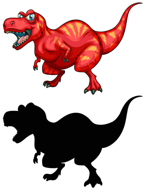 Set of dinosaur cartoon character and its silhouette on white background illustration - Vector, Image