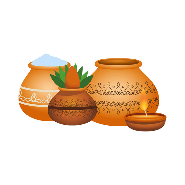 Ινδουιστικό ρύζι σε κεραμική κατσαρόλα και houseplant με κερί διακοσμητική εικόνα - Διάνυσμα, εικόνα