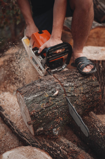 Процесс распиловки древесины в селе - Фото, изображение