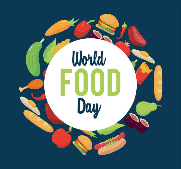 mundo alimento dia lettering cartaz com alimentos em quadro circular - Vetor, Imagem