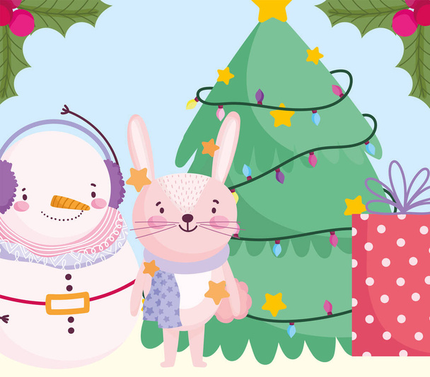 Wesołych Świąt, ładny króliczek bałwan z drzewa prezent i światła kreskówki - Wektor, obraz