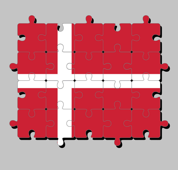 Puzzle z flagą Danii w kolorze czerwonym z białym skandynawskim krzyżem, który rozciąga się na krawędziach flagi. Koncepcja spełnienia lub doskonałości. - Wektor, obraz