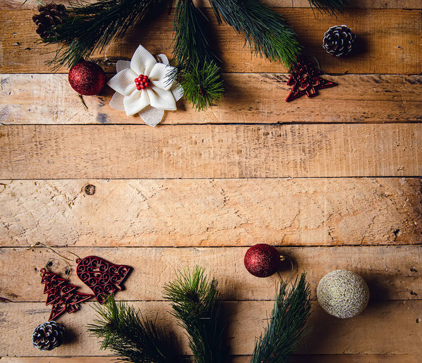 Christmas background with pine tree branches, Christmas balls, and decorations - Valokuva, kuva