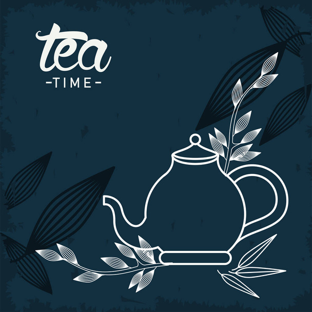 Tea Time Schriftzug Poster mit Teekanne und Blättern - Vektor, Bild