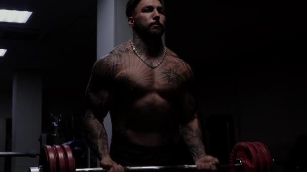 Ισχυρός αρσενικό bodybuilder κάνει ασκήσεις με αλτήρες - Πλάνα, βίντεο
