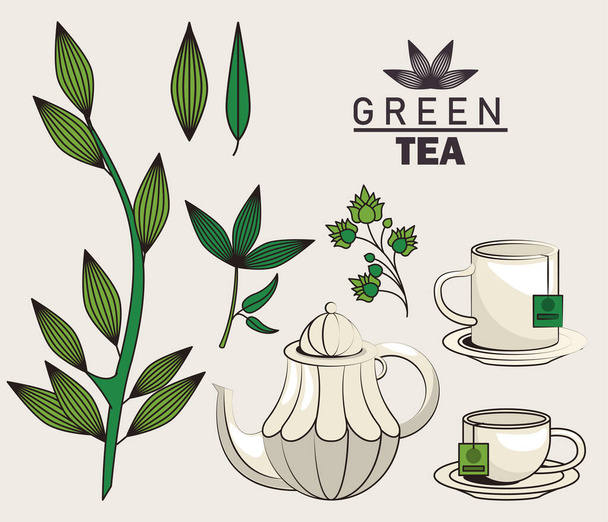 zöld tealevél plakát evőeszközökkel és levelekkel - Vektor, kép