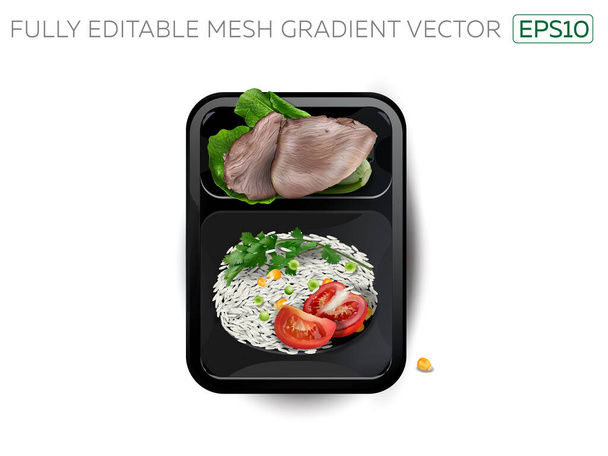 Boiled meat with rice and vegetables in a lunchbox. - Vector, Imagen