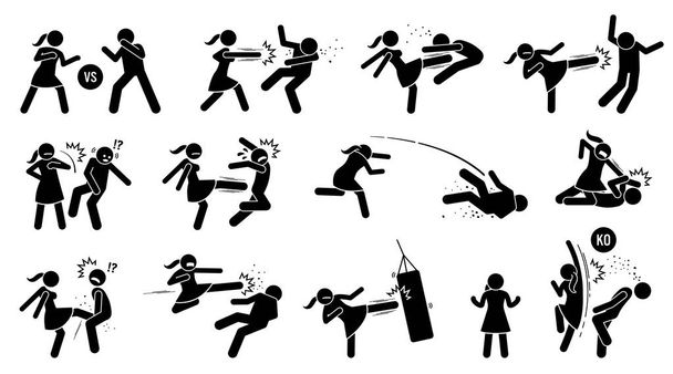 Woman beating man stick figure sign and symbols. Vector illustration of female versus male fighting by punching, kicking, slapping, throwing, and uppercut. The girl is strong and winning the fight. - Vector, Image