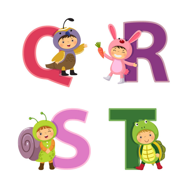 Alfabeto inglês com crianças em traje de animal, letras Q a T - Vetor, Imagem