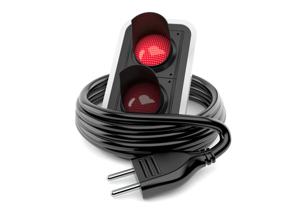 Червоне світлофора з електричним штекером ізольовано на білому тлі. 3d ілюстрація
 - Фото, зображення