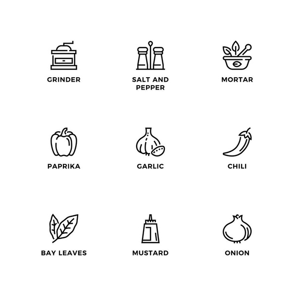 Set vettoriale di elementi di design, logo modello di design, icone e distintivi per erbe e spezie. Set di icone di linea, tratto modificabile. - Vettoriali, immagini