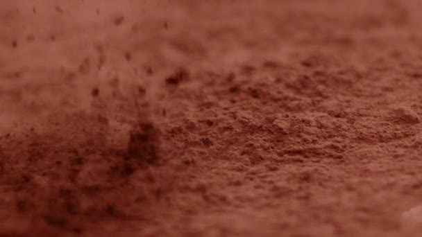 Donkere chocolade in poedervorm of bruin cacaopoeder spetterend in slow motion - Video