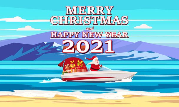 Buon Natale Babbo Natale in motoscafo sull'oceano mare tropicale isola palme montagne mare consegna regali di spedizione - Vettoriali, immagini