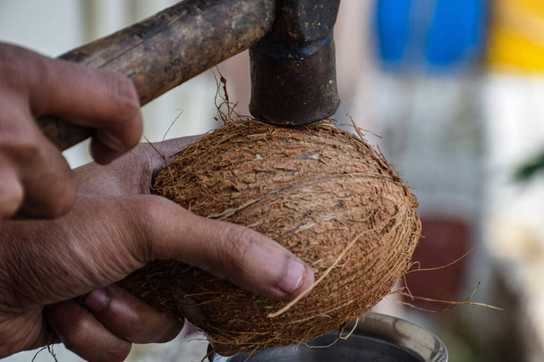 A man breaking raw coconut from hammer - Zdjęcie, obraz