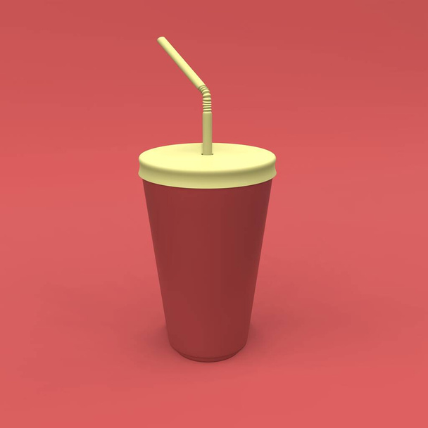 赤い背景に藁モックアップ付きのプラスチックカップ。パッケージデザイン。3Dイラスト. - 写真・画像