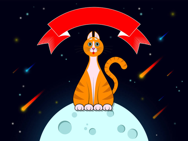 Greeting card, cover, print. Cute cartoon cat, kitty festive ribbon, moon, stars and meteorites. Vector. Cat with a funny muzzle, happy face, blue eyes, long mustache, sharp ears. Vector High Quality - Vector, Image