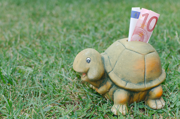 Happy Turtle Piggy Bank with Ten Euro Banknote - Photo, Image
