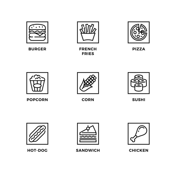 Set vettoriale di elementi di design, logo design template, icone e badge per fastfood. Set di icone di linea, tratto modificabile. - Vettoriali, immagini