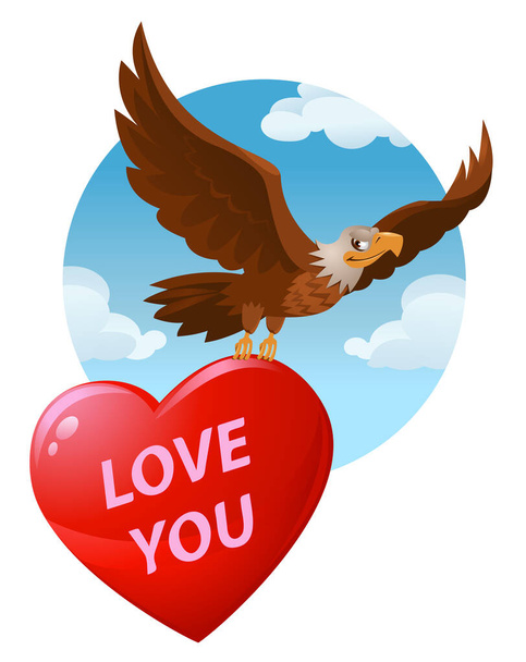 Love you. Flying American eagle carries a big heart for valentines day. Cartoon styled vector illustration. Elements is grouped. No transparent objects. - Vector, Image