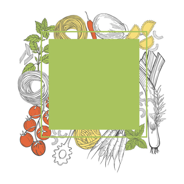Cornice vettoriale con pasta e verdure disegnate a mano su fondo bianco. Cibo italiano. Illustrazione schizzo. - Vettoriali, immagini