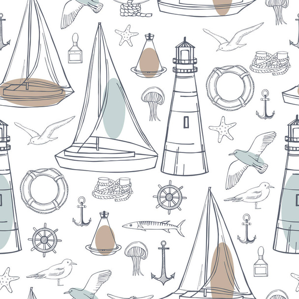 Hand drawn nautical icon set. Vector  seamless pattern - Vector, Image