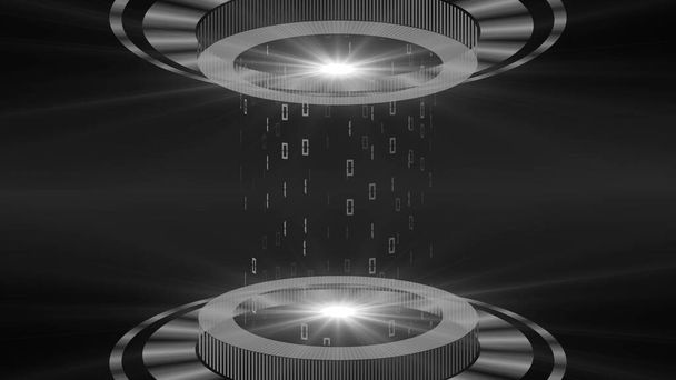 Abstract 3D graphic illustration - HUD elements in gray on a dark background - light beam in cylinder shape with floating digits of the binary code - futuristic digital technology concept - Photo, Image