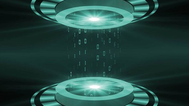 Illustration graphique 3D abstraite - éléments HUD en turquoise sur fond sombre - faisceau lumineux en forme de cylindre avec chiffres flottants du code binaire - concept de technologie numérique futuriste - Photo, image